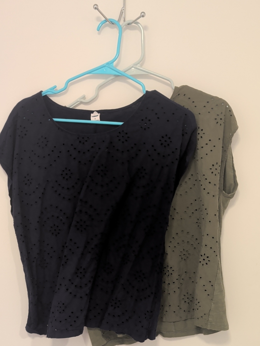 Old Navy Navy Blue and Olive Green Eyelet Short Sleeve Tops Set Of 2